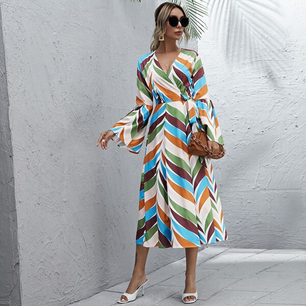 

Color-block Knot Side Flounce Sleeve Dress, Multicolor