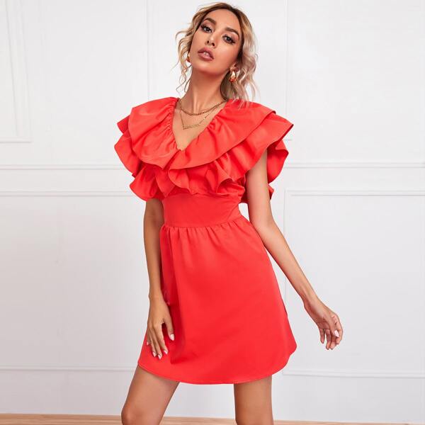 

Exaggerated Ruffle Shirred Back Dress, Red