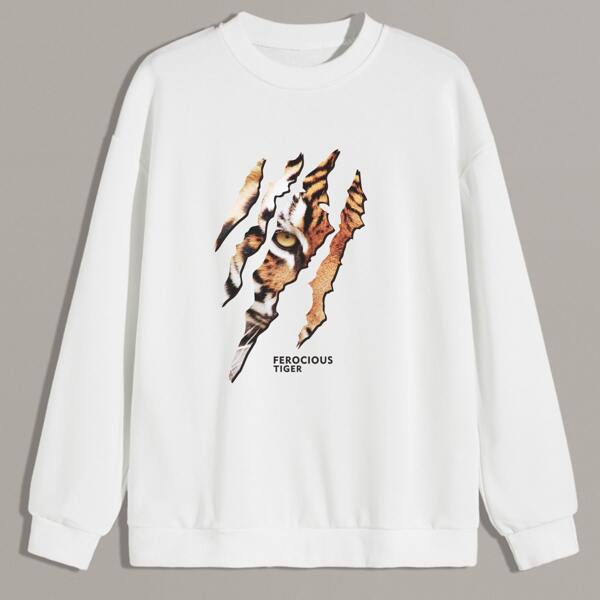 

Men Tiger & Letter Graphic Sweatshirt, White
