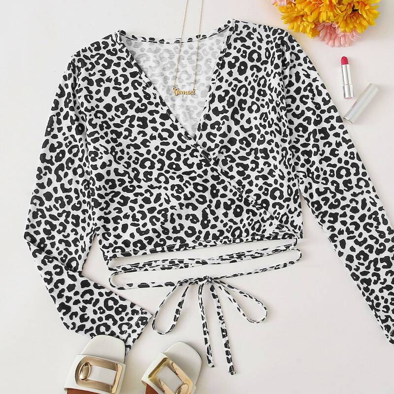 

Leopard Self Tie Wrap Top, Multicolor