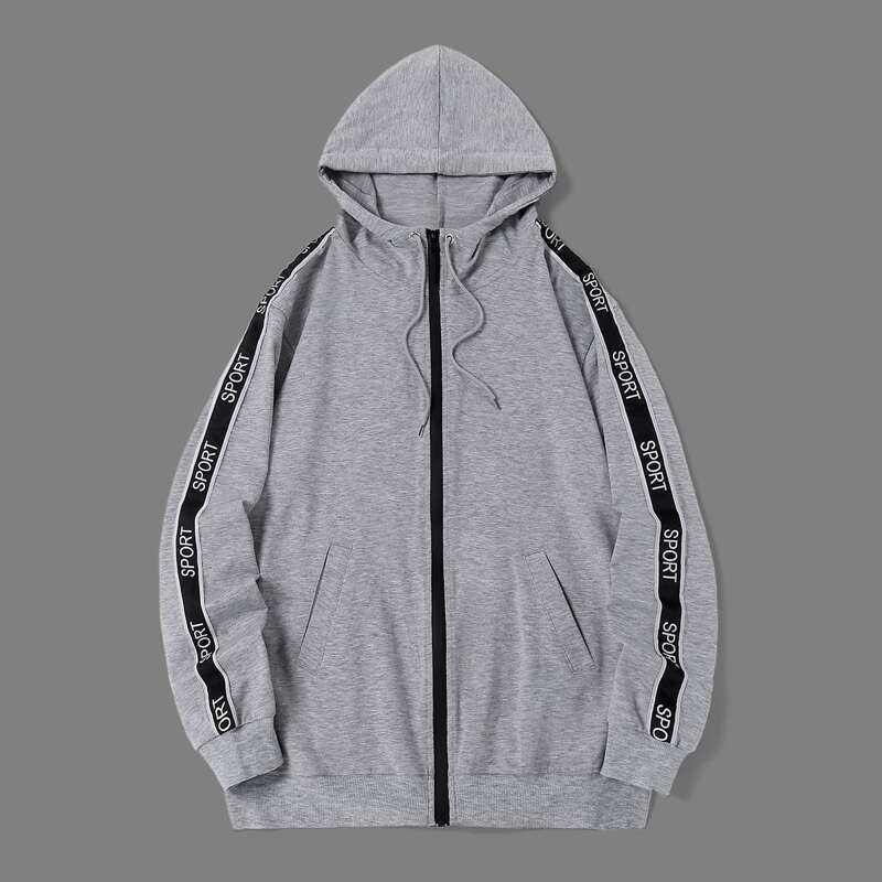 

Guys Letter Tape Zip Up Drawstring Hooded Sweatshirt, Grey