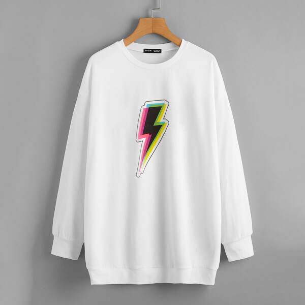 

Drop Shoulder Lightning Print Pullover, White