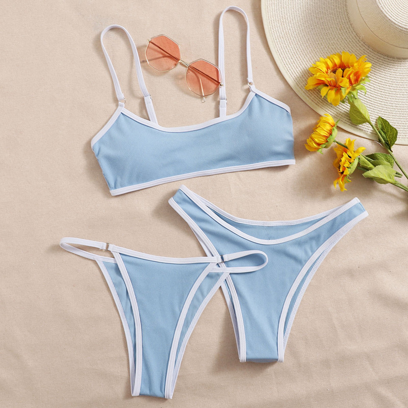 

3pack Rib Contrast Binding Thong Bikini Swimsuit, Pastel baby blue
