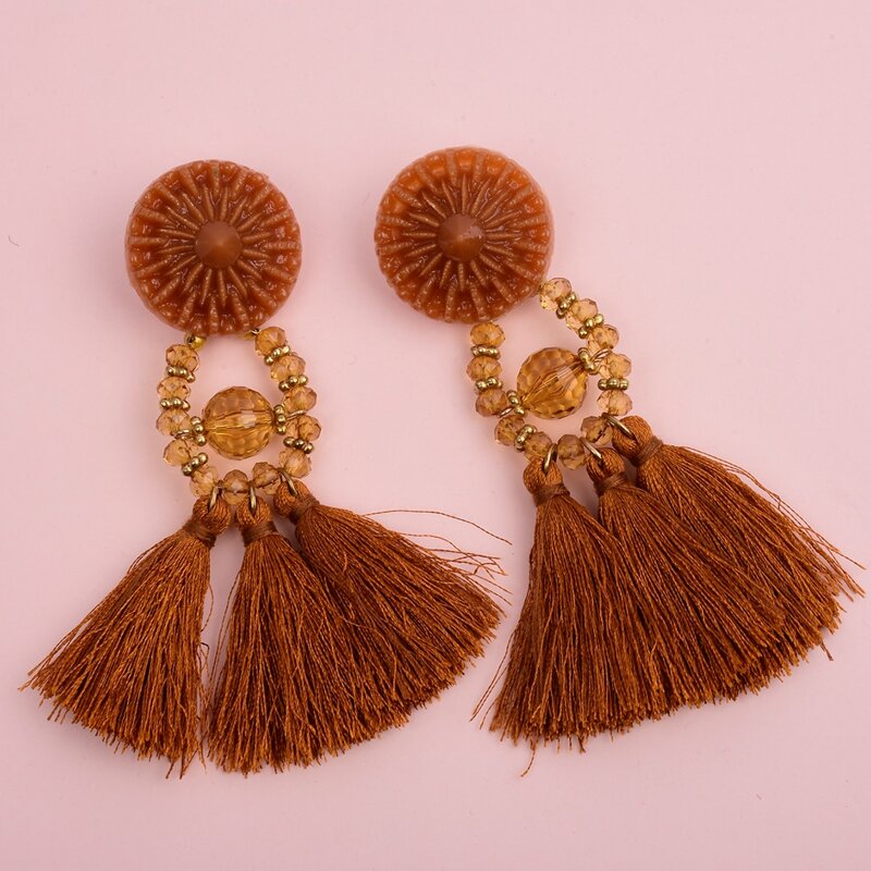 

Tassel Decor Beaded Drop Earrings, Coffee brown