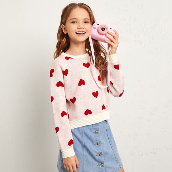 

Girls Drop Shoulder Heart Pattern Sweater, Baby pink