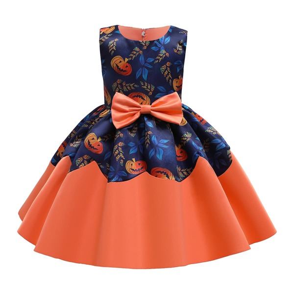 

Girls Contrast Pumpkin Print Tie Back Gown Dress, Multicolor