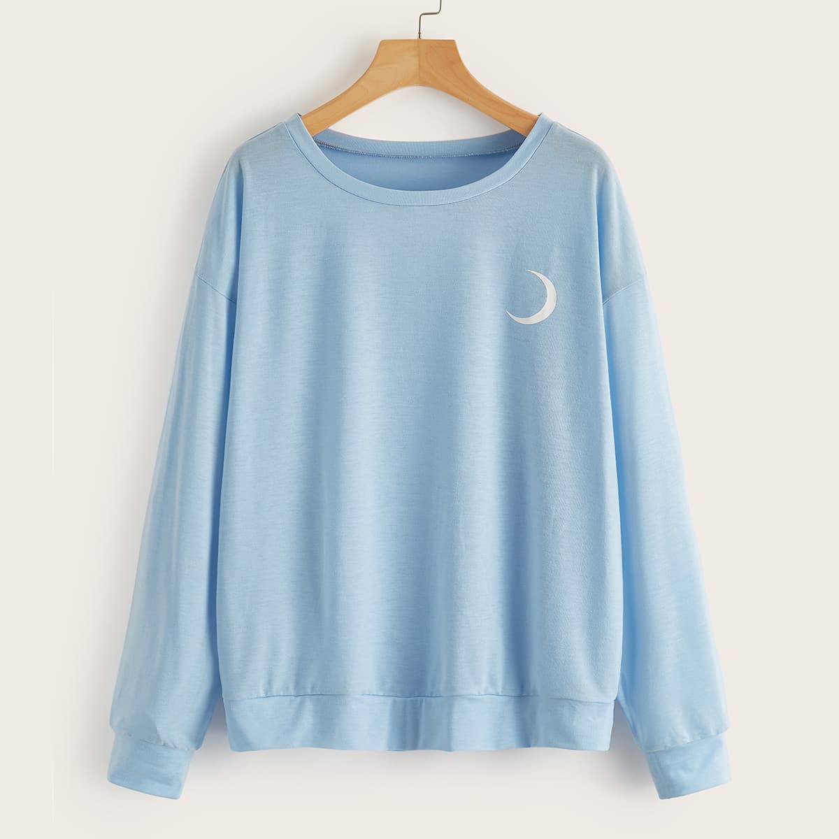 

Moon Print Drop Shoulder Sweatshirt, Baby blue