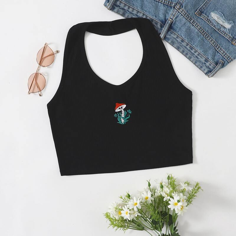 

Embroidery Mushroom Halter Crop Top, Black