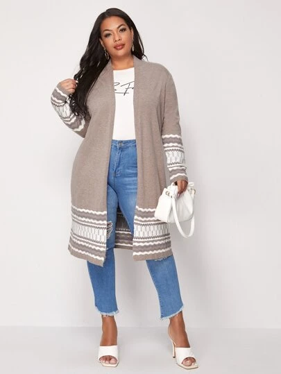 Plus Striped Open Front Longline Cardigan
