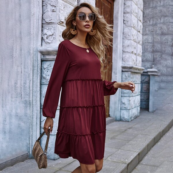 

Frill Tiered Layer Solid Dress Without Belt, Maroon