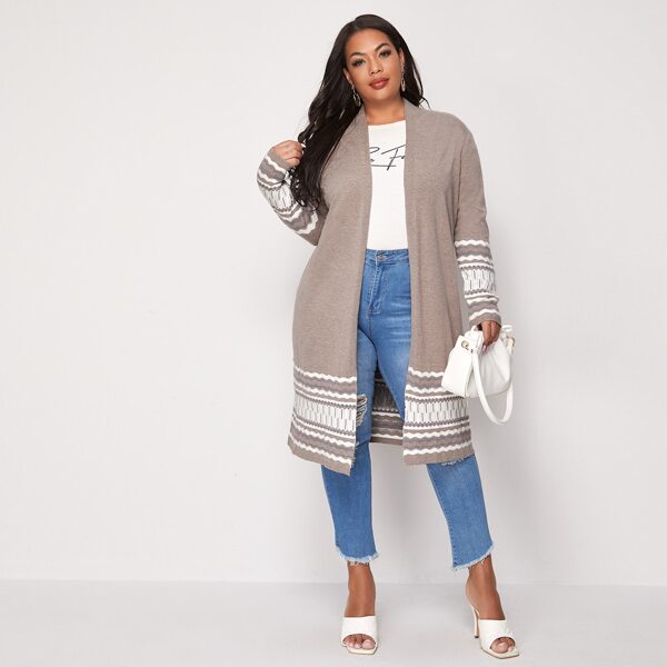 

Plus Striped Open Front Longline Cardigan, Mocha brown