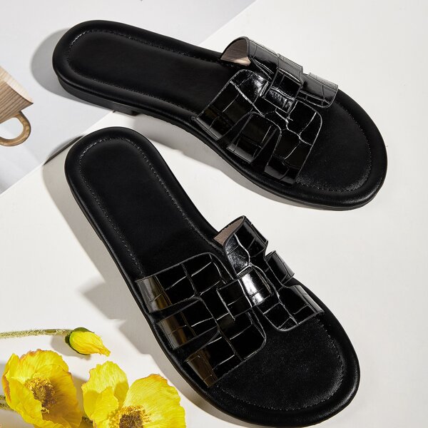 

Croc Embossed Cut Out Slide Sandals, Black