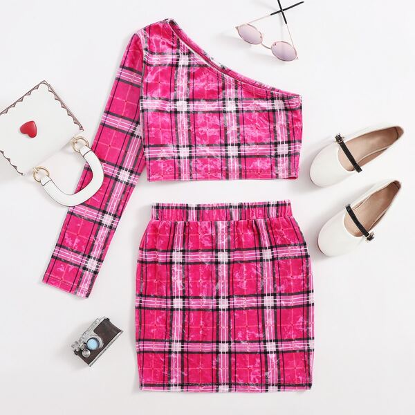 

Girls One Shoulder Tartan Velvet Top & Skirt Set, Hot pink