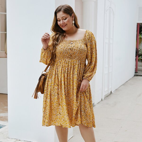 

Plus Button Front Shirred Bodice Ditsy Floral Dress, Mustard yellow