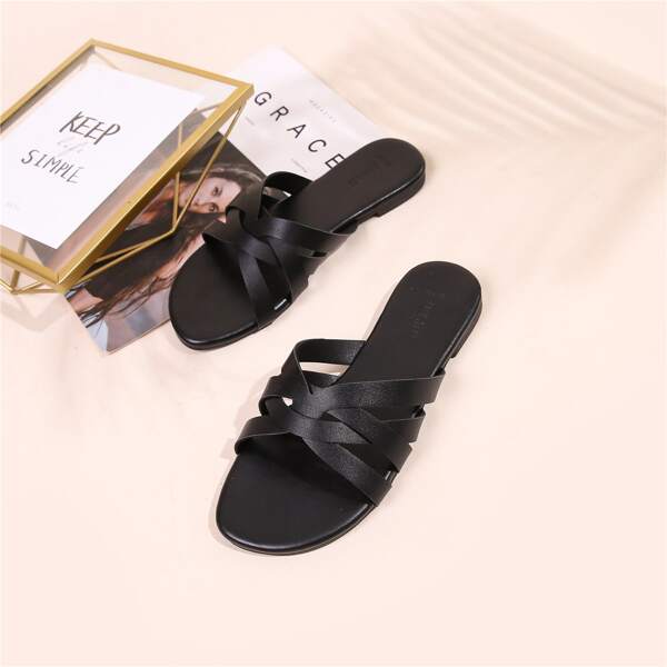 

Minimalist Cross Strap Slide Sandals, Black