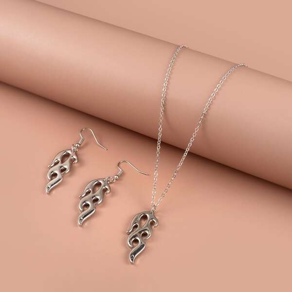 

1pc Hollow Out Wave Charm Necklace & 1pair Earrings, Silver