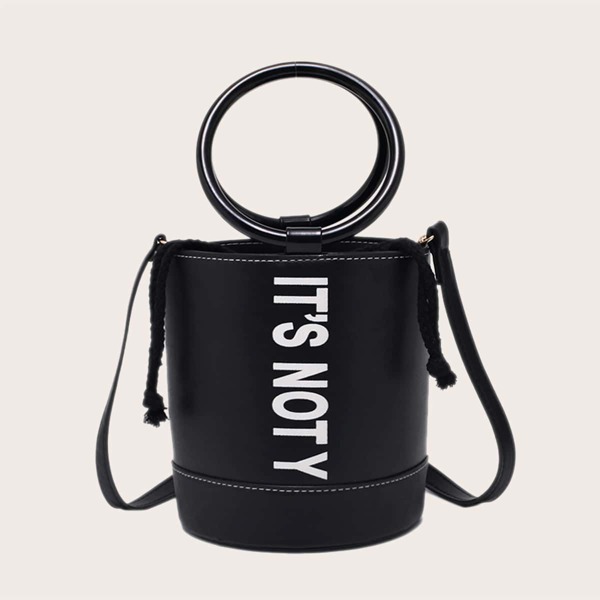 

Slogan Graphic Bucket Bag With Ring Handle, Black