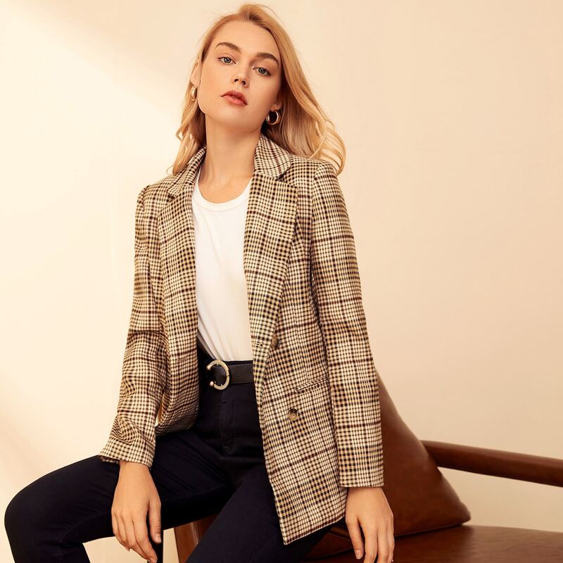 

Notched Collar Single Breasted Plaid Blazer, Multicolor