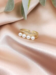 Anillo Con Detalles De Perlas De Imitación - Amarillo Oro - Ver 2