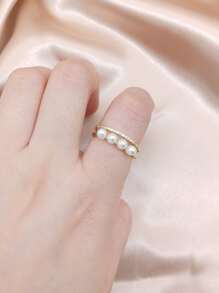 Anillo Con Detalles De Perlas De Imitación - Amarillo Oro - Ver 3