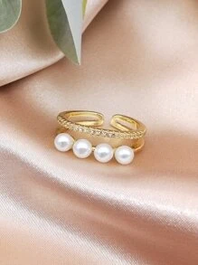 Anillo Con Detalles De Perlas De Imitación - Amarillo Oro - Ver 4