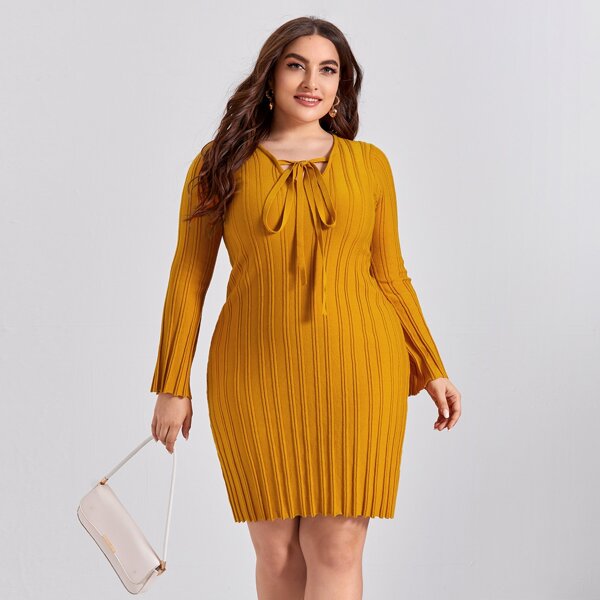 

Plus Solid Tie Neck Ribbed Knit Dress, Mustard yellow