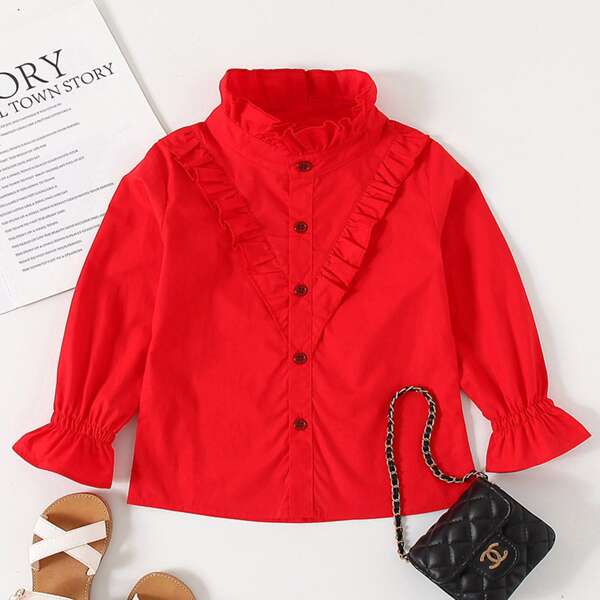 

Toddler Girls Frill Neck Button Through Blouse, Red