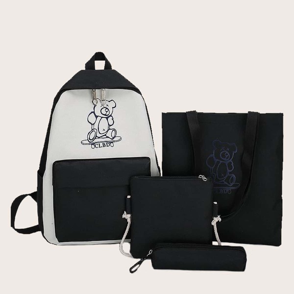 

4pcs Kids Cartoon Graphic Backpack Set, Black