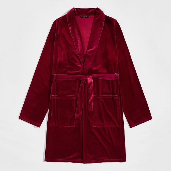 

Men Shawl Collar Patch Pocket Belted Velvet Robe, Burgundy