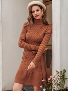 Simplee Turtleneck Belted Ruffle Hem Sweater Dress - Rust Brown - View 3