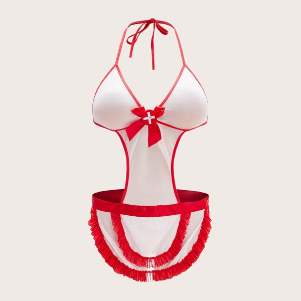

Plus Mesh Trim Cut-out Halter Nurse Dress, Red and white