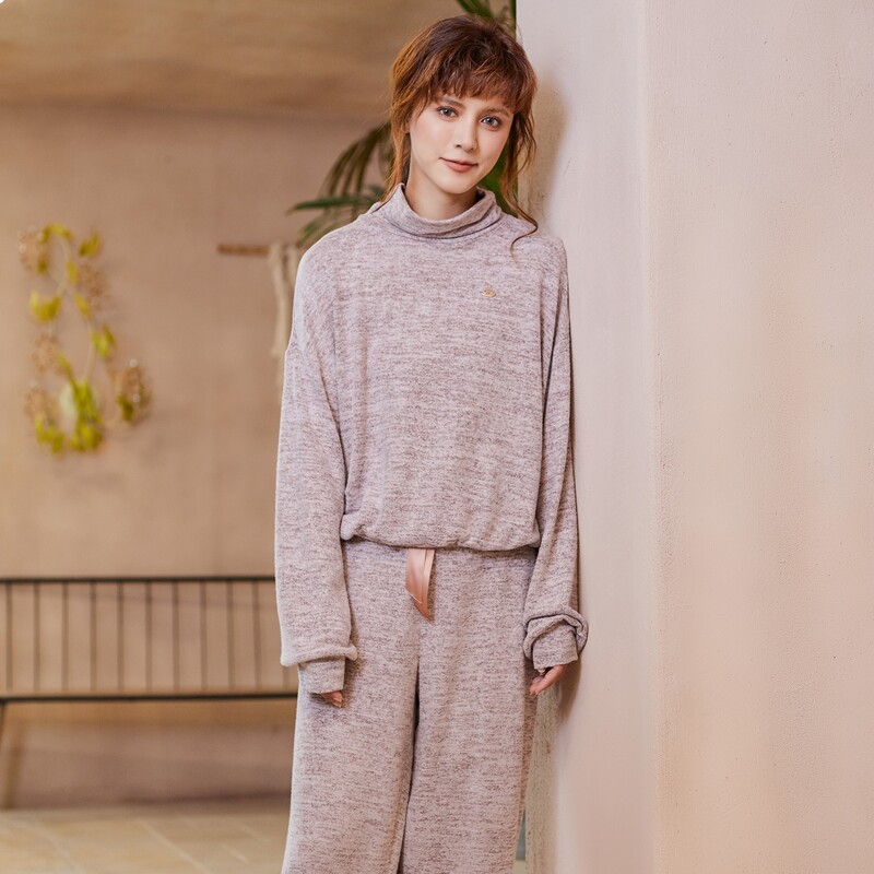 

Funnel Neck Patched Top With Pants PJ Set, Dusty pink
