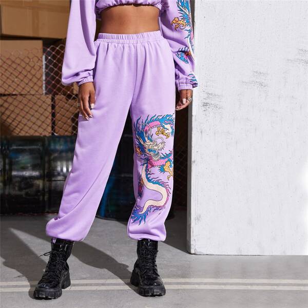 

Chinese Dragon Graphic Slant Pocket Pants, Lilac purple