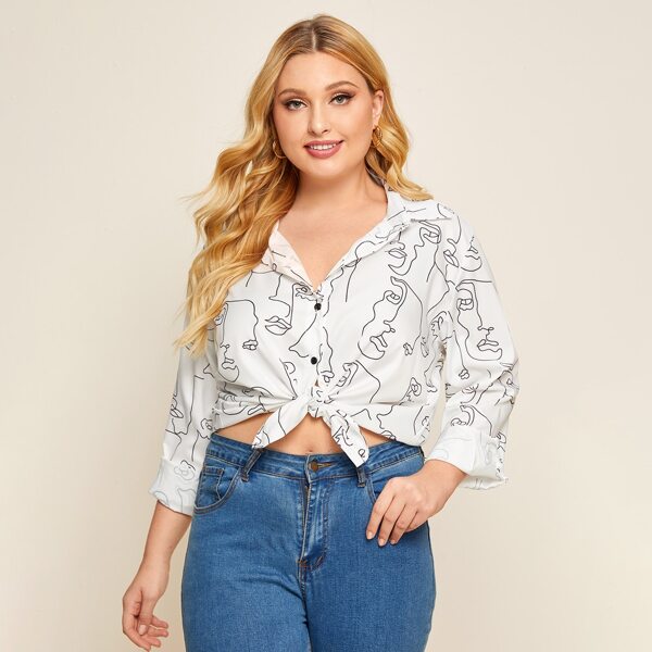 

Plus Abstract Figure Graphic Button Up Blouse, White