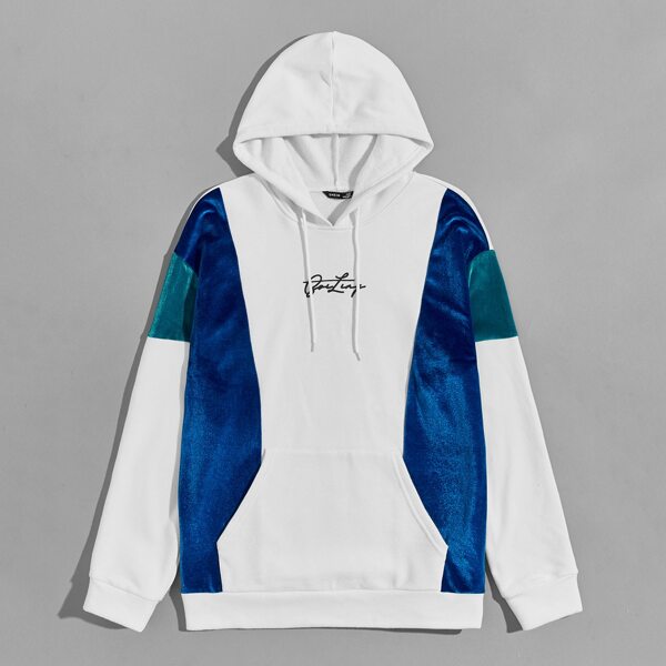 

Men Velvet Panel Colorblock Letter Graphic Hoodie, White