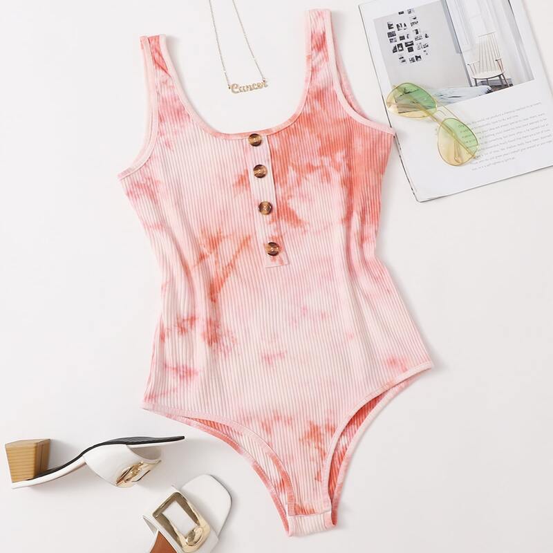 

Button Front Tie Dye Tank Bodysuit, Multicolor