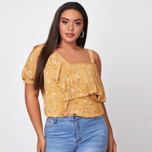 

Plus Ditsy Floral Asymmetrical Neck Blouse, Mustard yellow