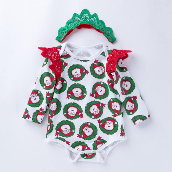 

Baby Girl Christmas Print Contrast Lace Tee Bodysuit With Headband, Multicolor
