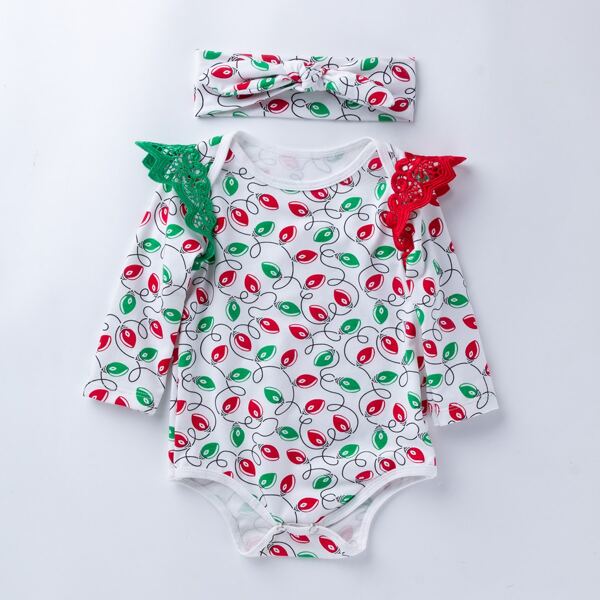 

Baby Girl Allover Print Contrast Lace Tee Bodysuit With Headband, Multicolor