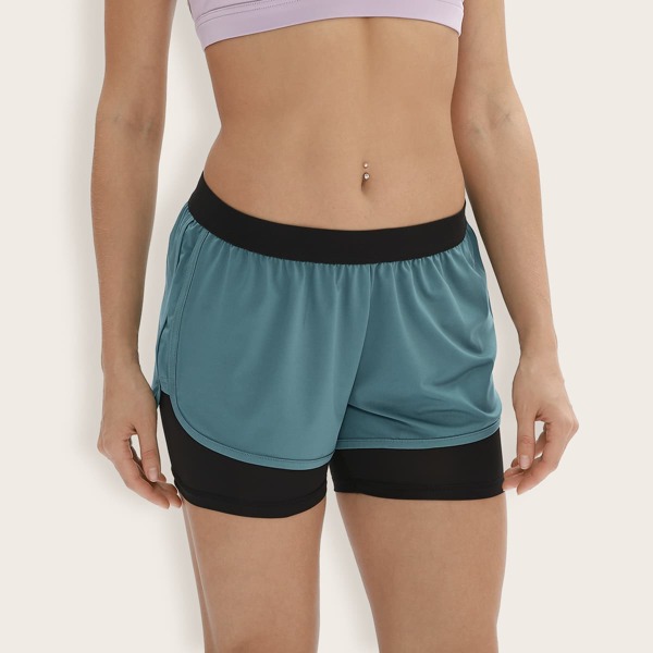

Elastic Waist 2 In 1 Sports Shorts, Cadet blue