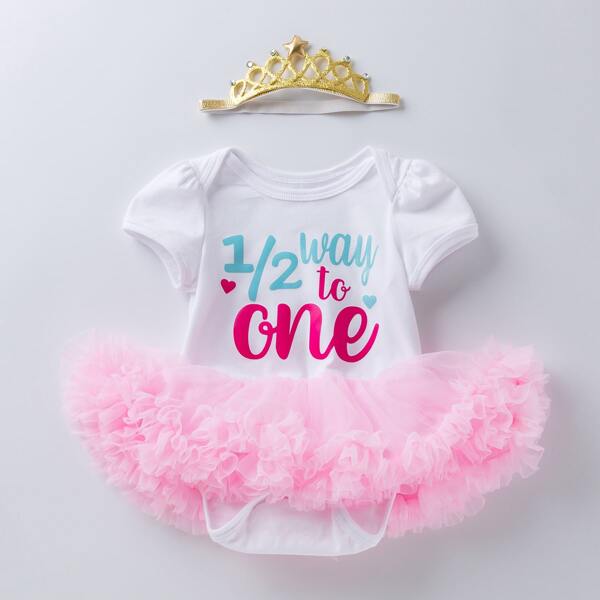 

Baby Girl Slogan Graphic Mesh Panel Tee Bodysuit With Headband, White
