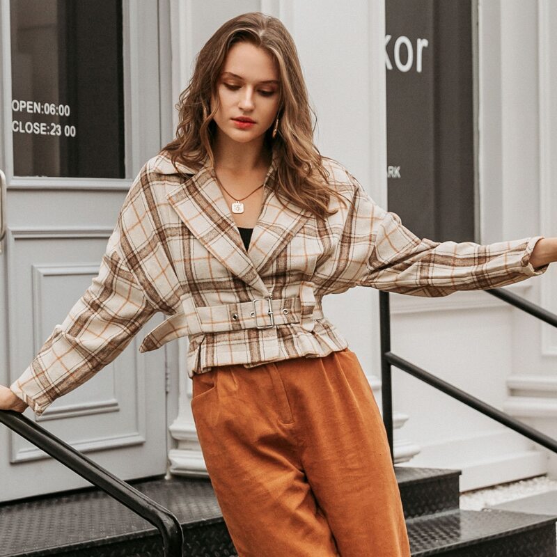 

Batwing Sleeve Buckle Belted Plaid Blazer, Multicolor