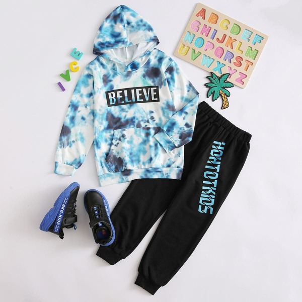 

Boys Tie Dye Letter Graphic Hoodie With Sweatpants, Multicolor