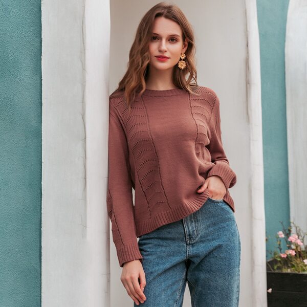 

Solid Pointelle Knit Sweater, Redwood
