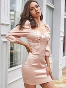 Eilly Bazar Đầm Dây kéo màu trơn Hấp dẫn - Màu Hồng baby - Xem 4