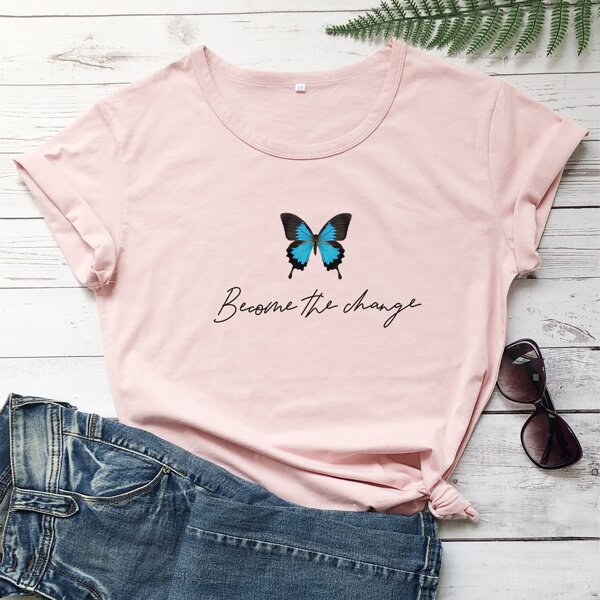 

Butterfly And Slogan Graphic Tee, Baby pink