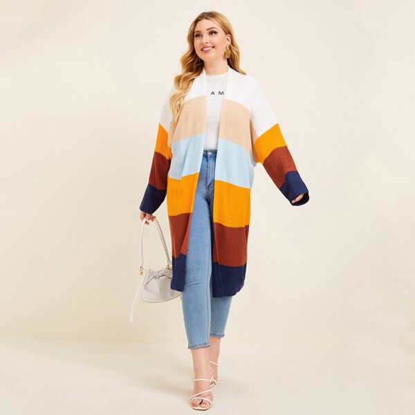 

Plus Ribbed Knit Colorblock Cardigan, Multicolor