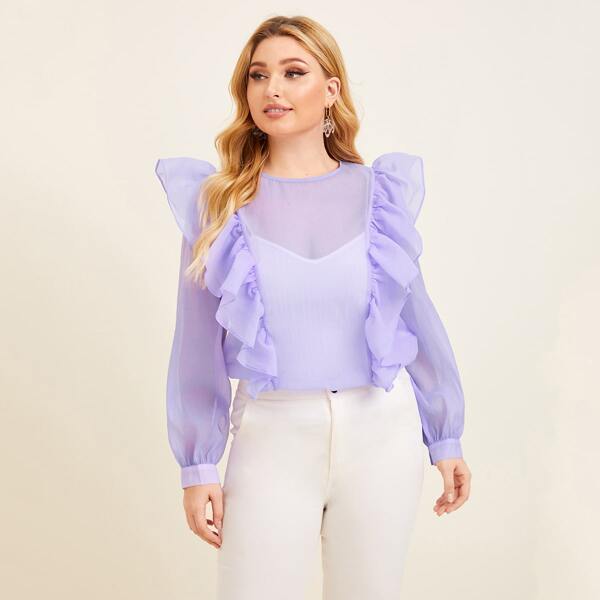 

Plus Ruffle Trim Sheer Organza Top Without Camisole, Pastel lilac purple