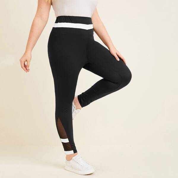 

Plus Mesh Insert Contrast Panel Leggings, Black