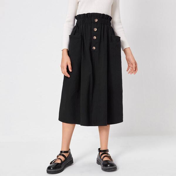 

Girls Paperbag Waist Button Front Skirt, Black